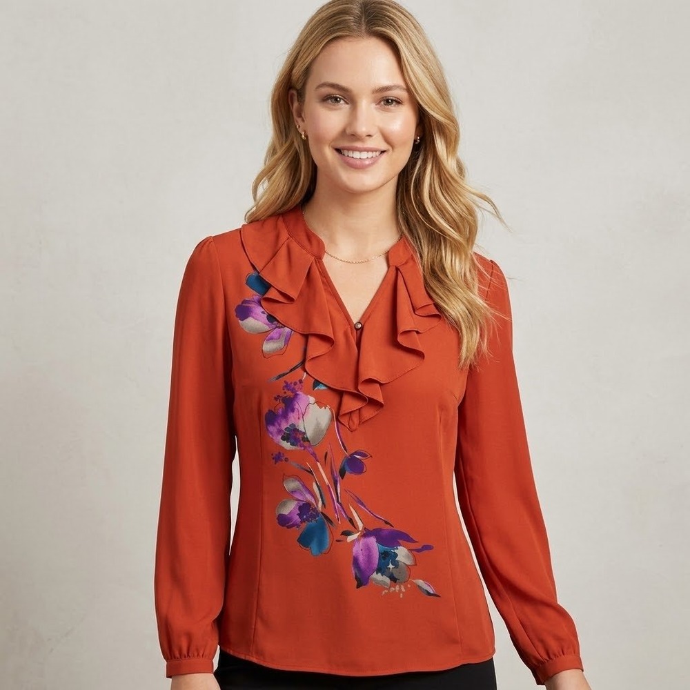 Classiques Entier Silk Ruffle Blouse Burnt Orange Floral Print Top L Classic,